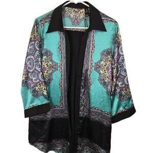 NWT Buckle Boutique Open Front Jacket Kimono Teal Black Paisley Boho MED Artsy
